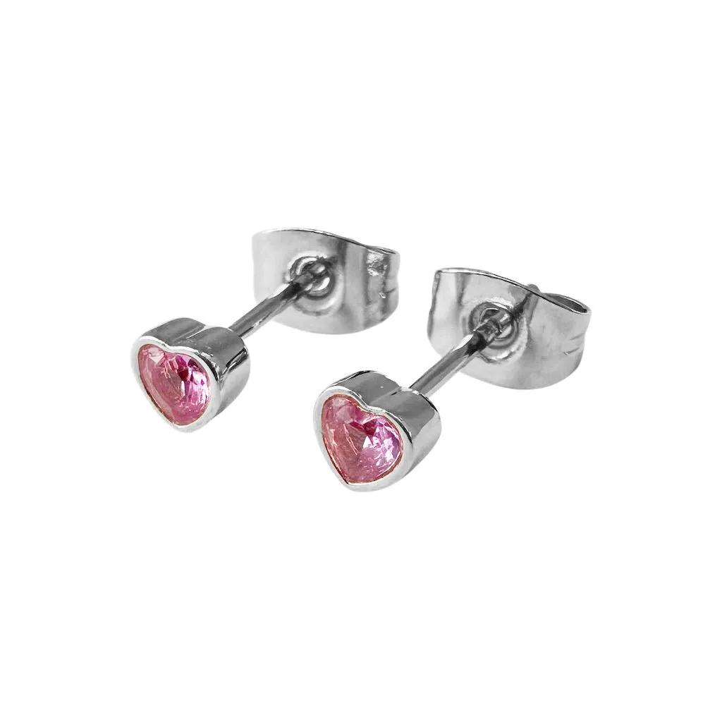 Pink Crystal Heart Stud Earrings