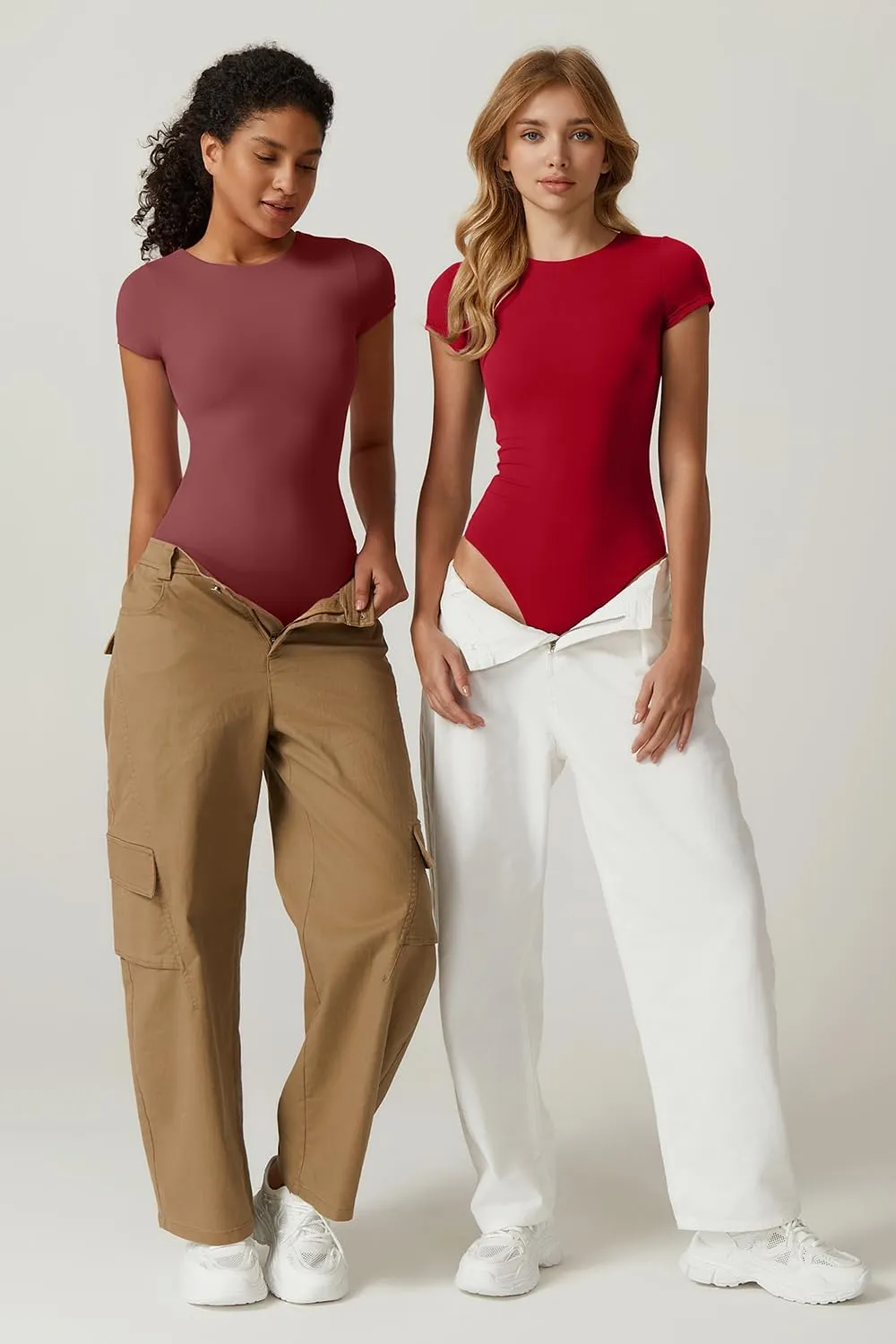 QINSEN Women's Crew Neck Short Sleeve Bodysuit Double Lined Body Suits Basic T-shirt Tops