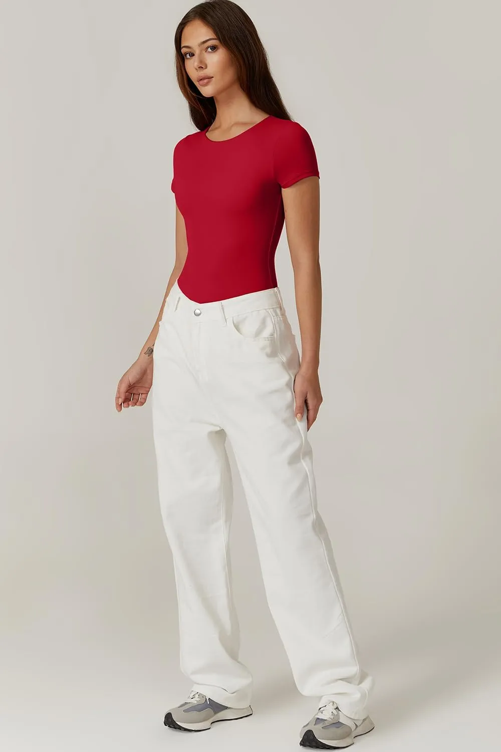 QINSEN Women's Crew Neck Short Sleeve Bodysuit Double Lined Body Suits Basic T-shirt Tops