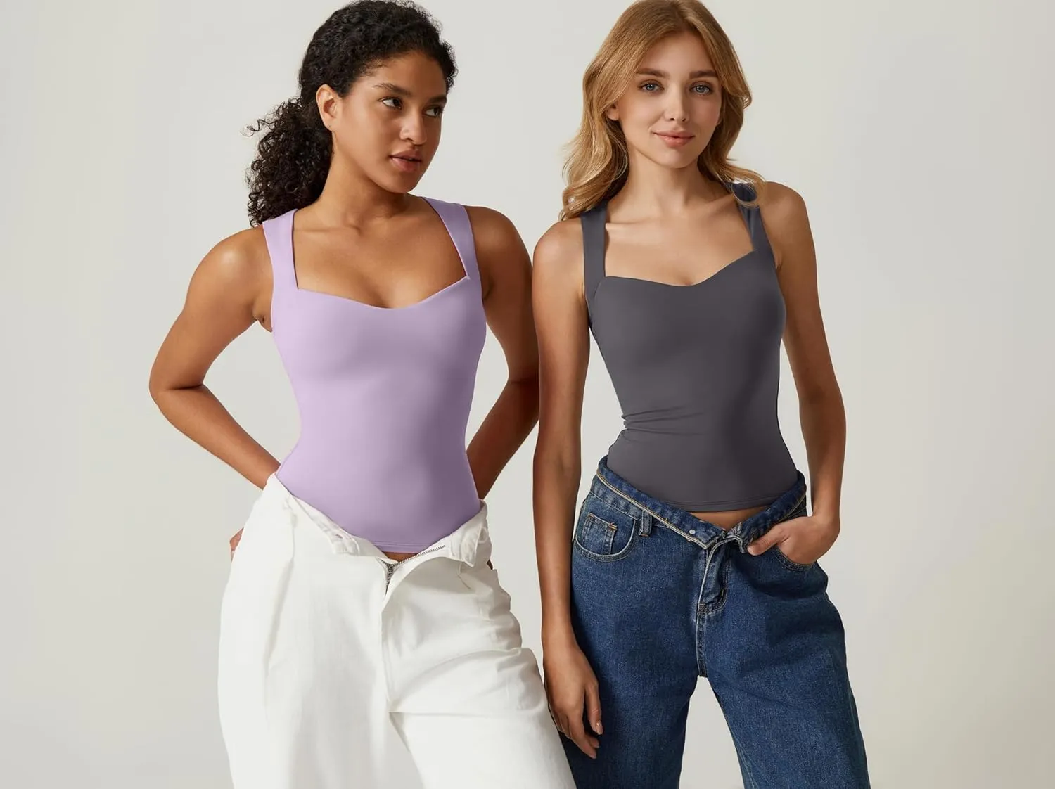QINSEN Women's Sexy Sweetheart Neck Sleeveless T Shirts Double Lined Tees Slimming Fit Tops