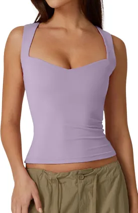 QINSEN Women's Sexy Sweetheart Neck Sleeveless T Shirts Double Lined Tees Slimming Fit Tops