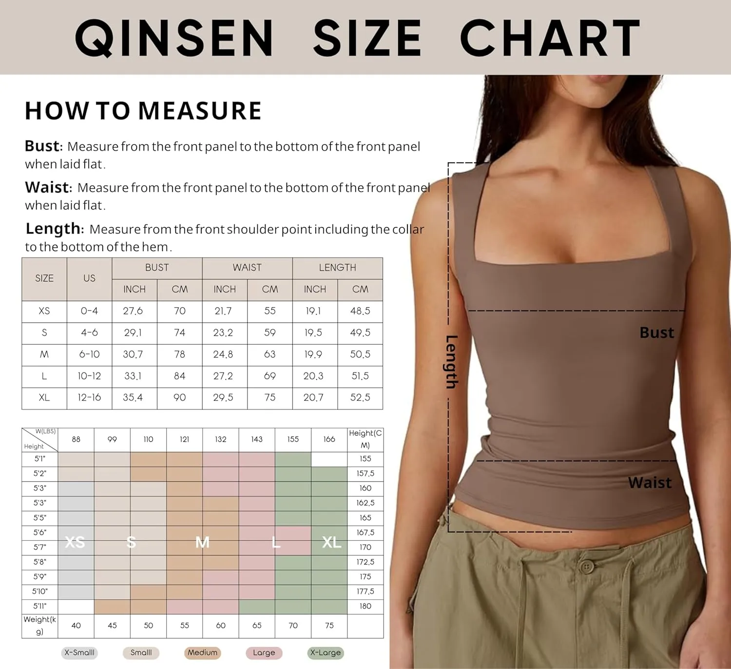 QINSEN Women's Square Neck Sleeveless Double-Layer Tank Tops Basic Tight T Shirts