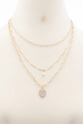 Rhinestone Heart Charm Layered Necklace