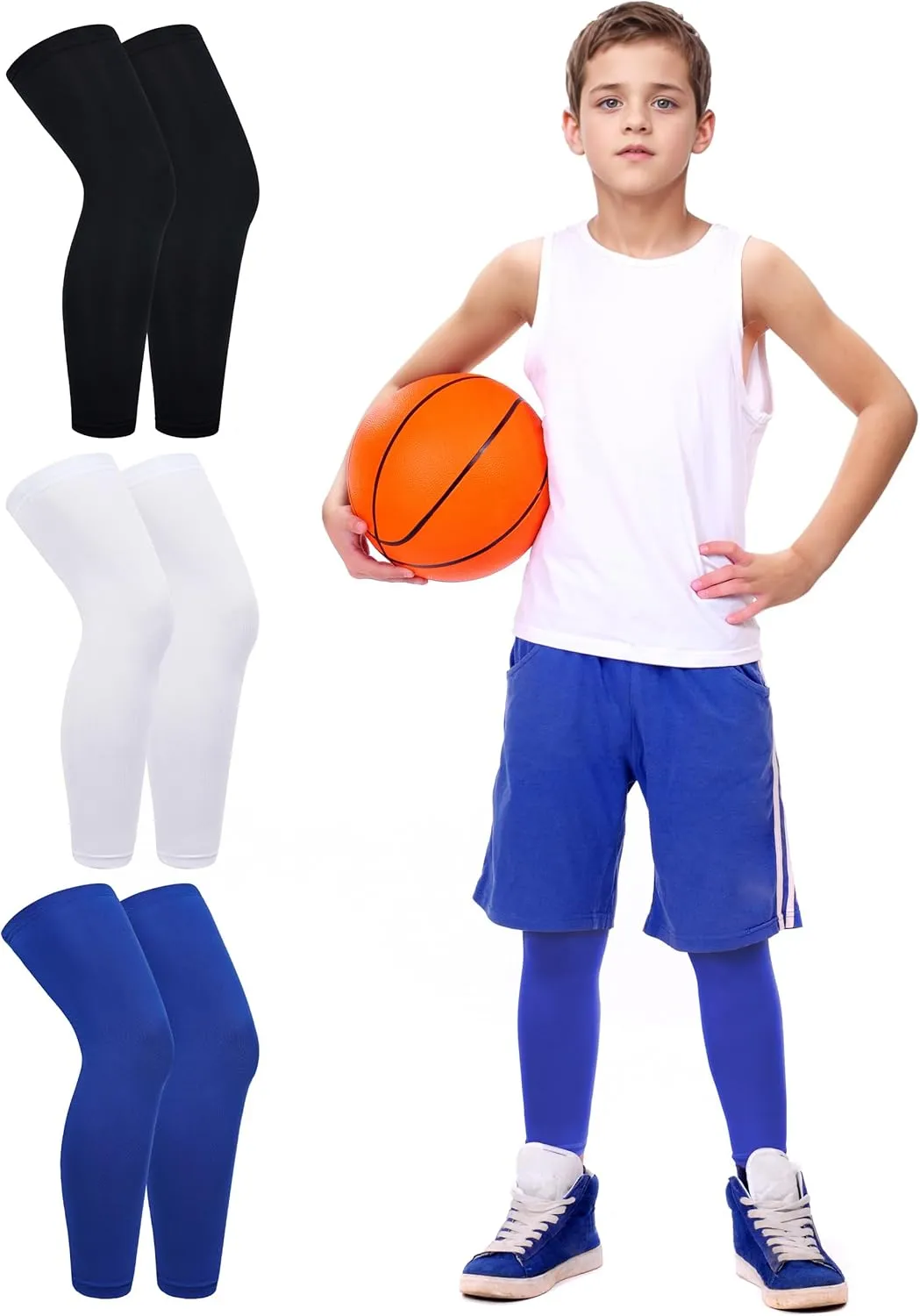 Roadbox Kids Leg Sleeve, 3 Pairs Non-Slip UV Protection Long Compression Leg Sleeves for Youth Boys Girls Basketball Football