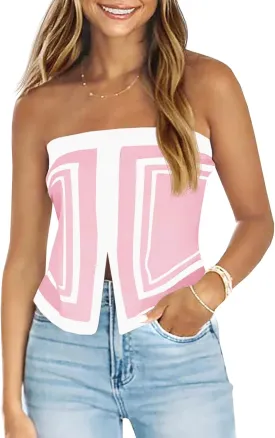 Saodimallsu Womens Strapless Crop Tube Tops Sexy Sleeveless Knit Summer Trendy Color Block Asymmetrical Y2k Bandeau Top