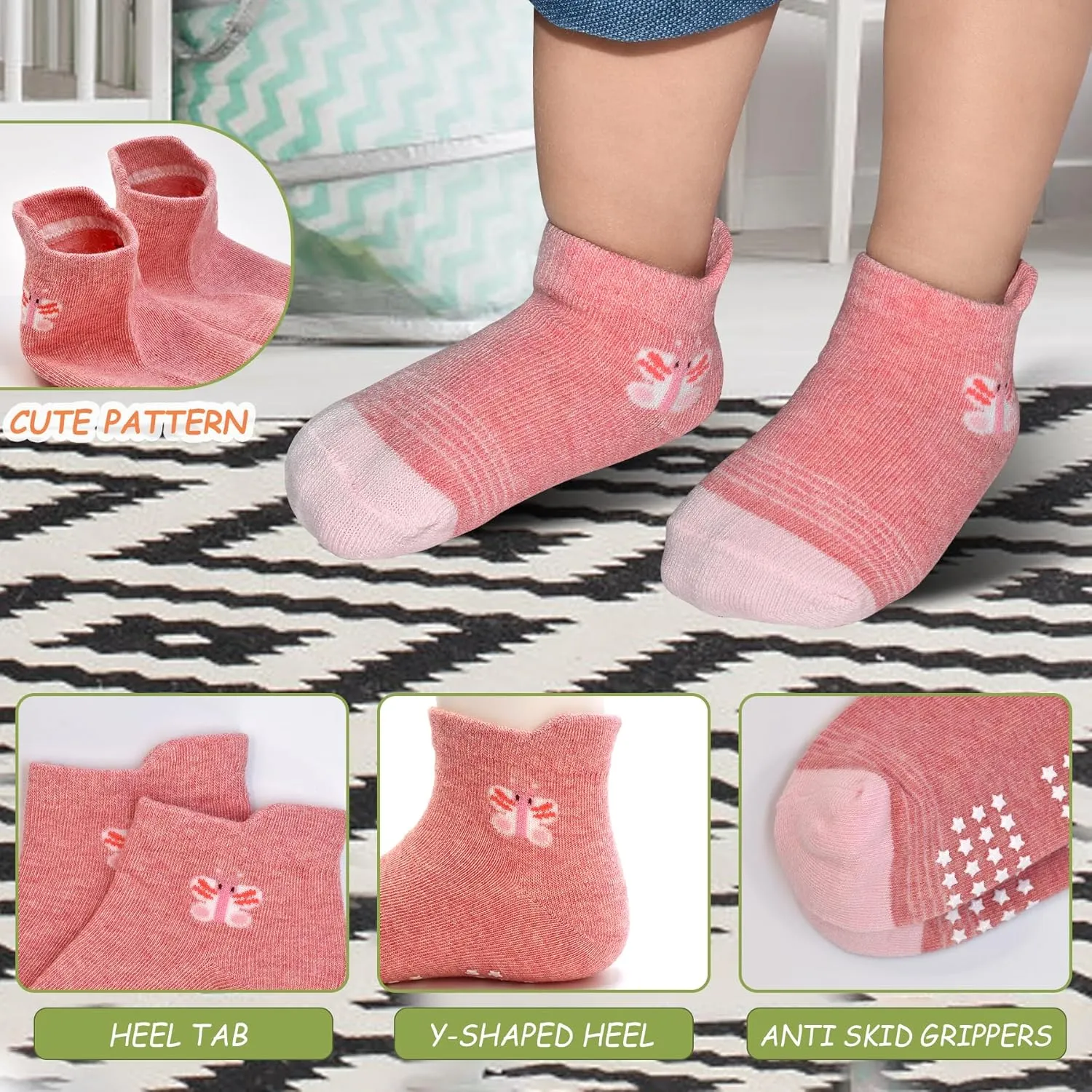 SkiBeaut Toddler Ankle Socks Non Slip 12 Pairs Kids Low Cut Cute Grips Socks with Gripper for Boys Girls for 1-7 Years Child