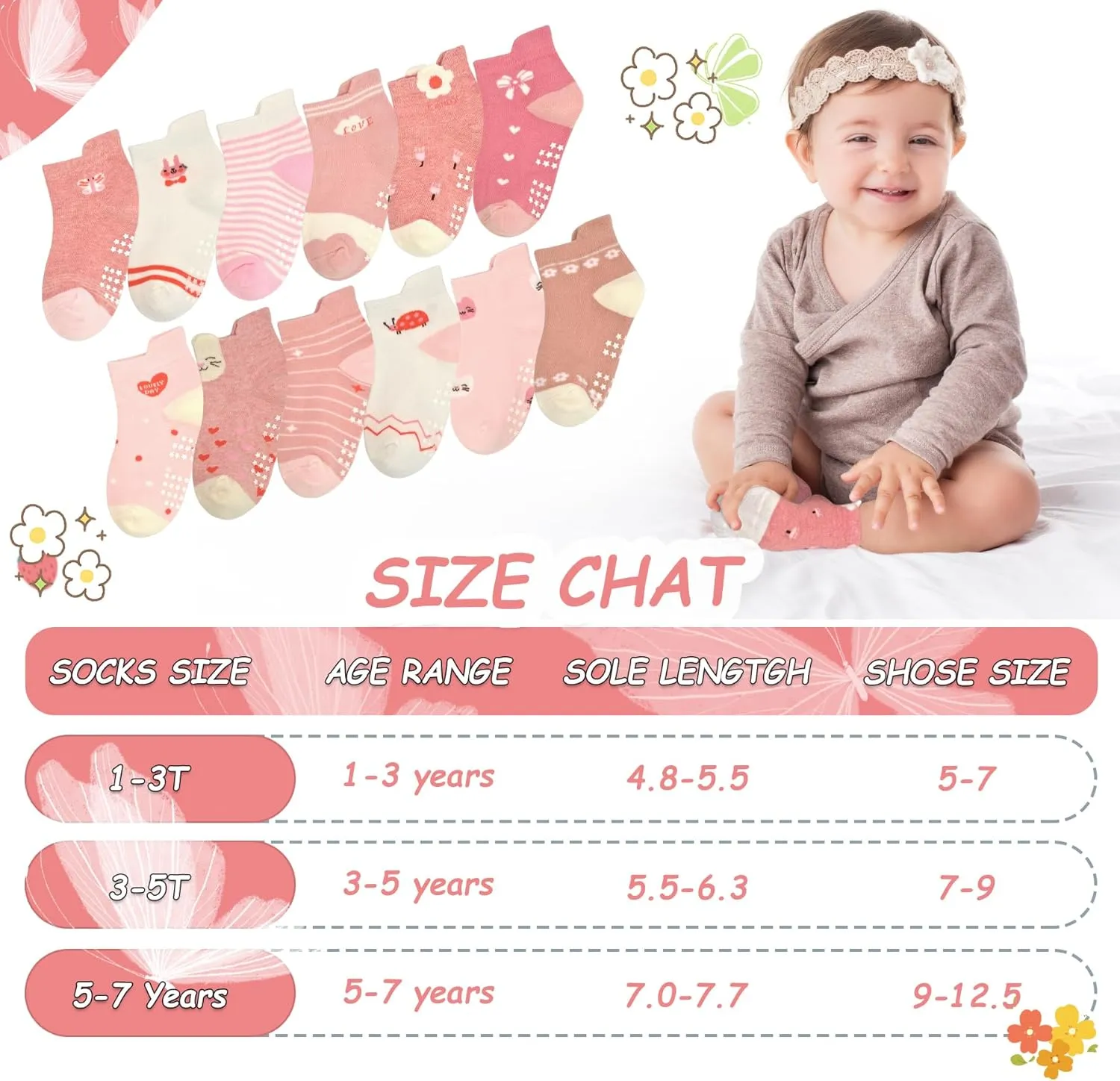 SkiBeaut Toddler Ankle Socks Non Slip 12 Pairs Kids Low Cut Cute Grips Socks with Gripper for Boys Girls for 1-7 Years Child