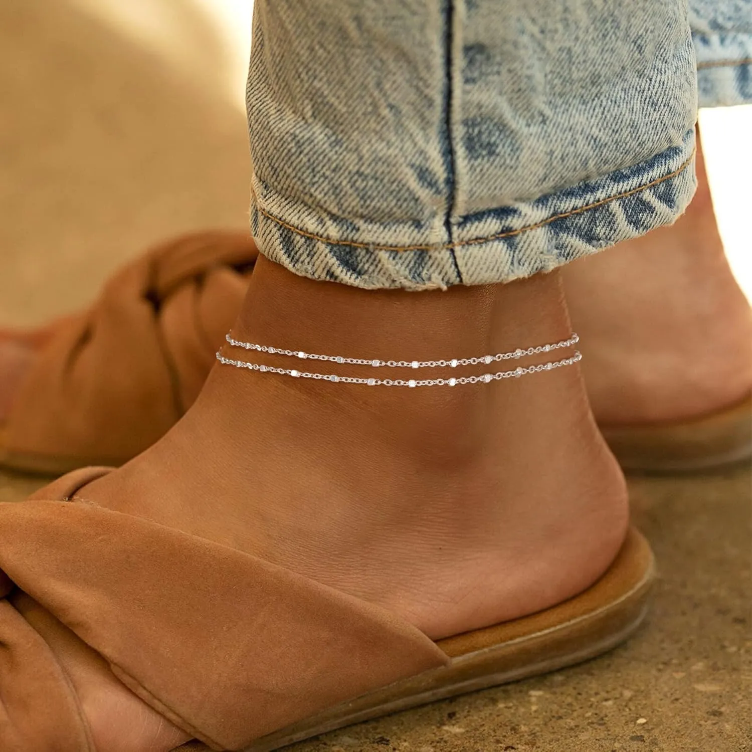 Sterling Silver Ankle Bracelets for Women: Dainty Layered Waterproof Anklet for Women Adjustable Womens Anklet Set Stackable Figaro Beaded Cuban Link Anklets Beach Jewelry for Women