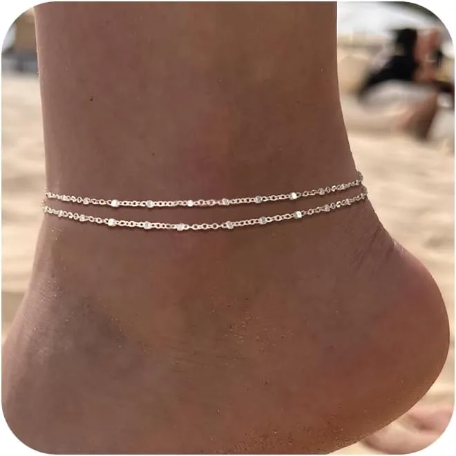 Sterling Silver Ankle Bracelets for Women: Dainty Layered Waterproof Anklet for Women Adjustable Womens Anklet Set Stackable Figaro Beaded Cuban Link Anklets Beach Jewelry for Women