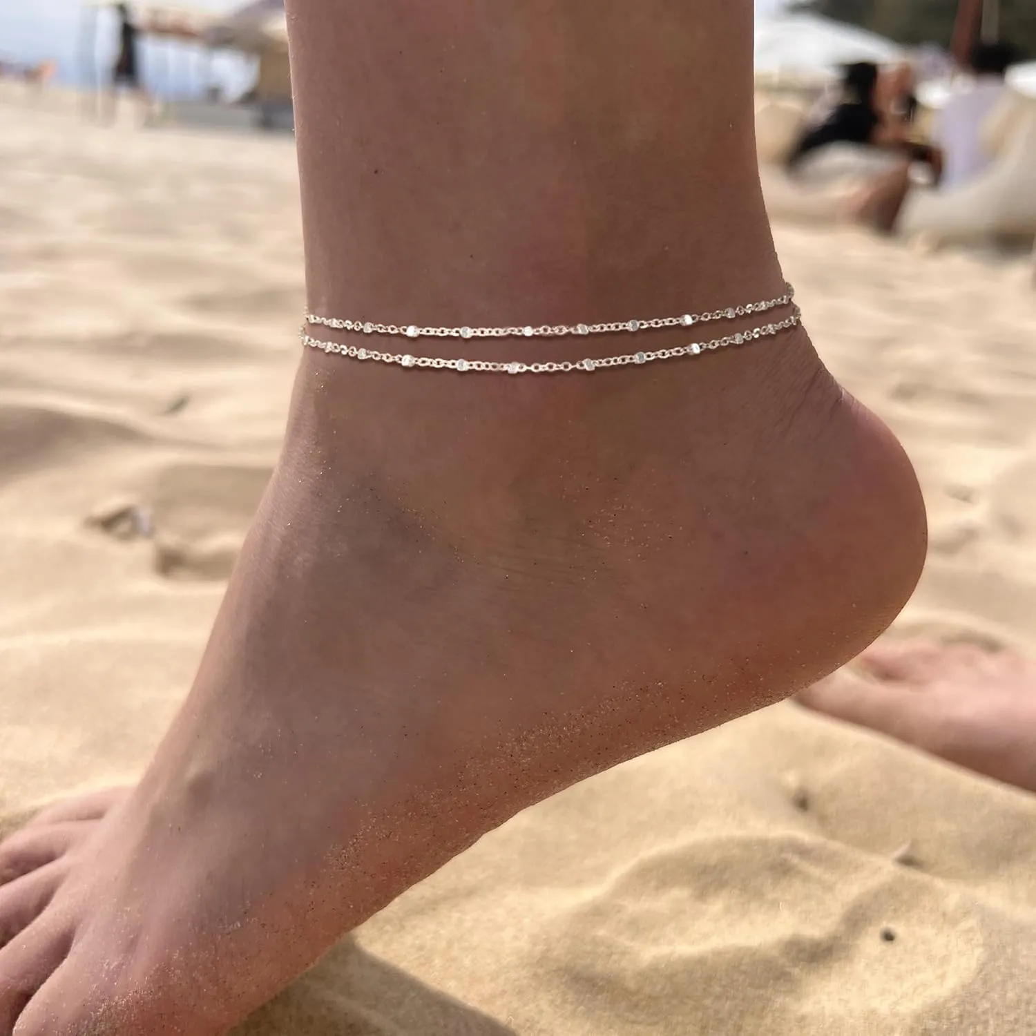 Sterling Silver Ankle Bracelets for Women: Dainty Layered Waterproof Anklet for Women Adjustable Womens Anklet Set Stackable Figaro Beaded Cuban Link Anklets Beach Jewelry for Women