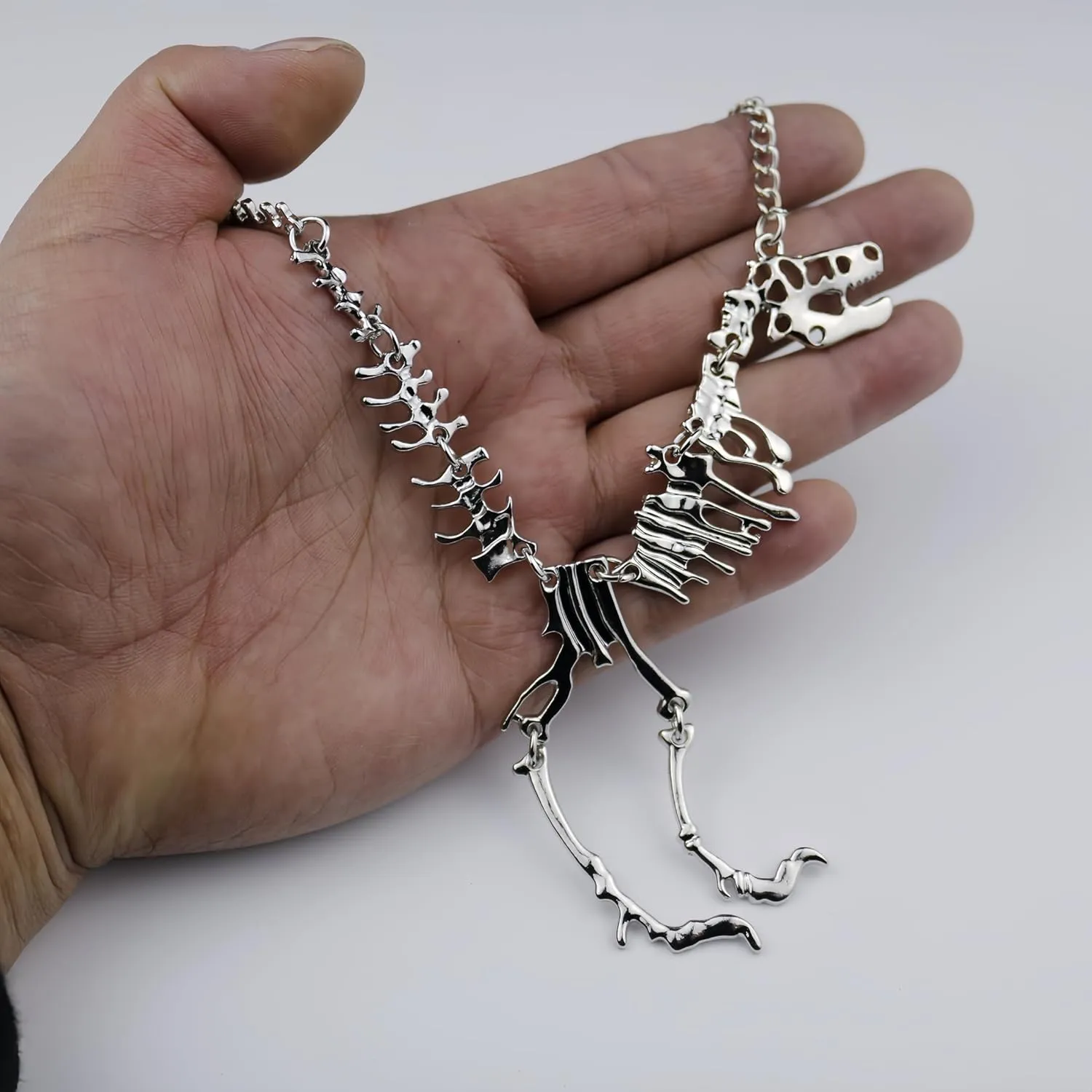 T-Rex Skeleton Necklace, 23 Inches Chain Length, Black Metal Alloy, Dinosaur Pendant