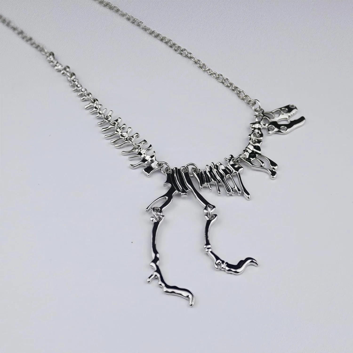 T-Rex Skeleton Necklace, 23 Inches Chain Length, Black Metal Alloy, Dinosaur Pendant