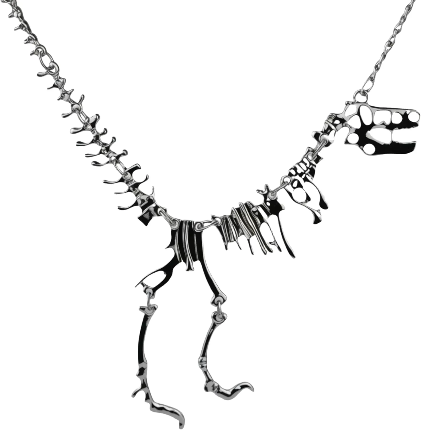 T-Rex Skeleton Necklace, 23 Inches Chain Length, Black Metal Alloy, Dinosaur Pendant
