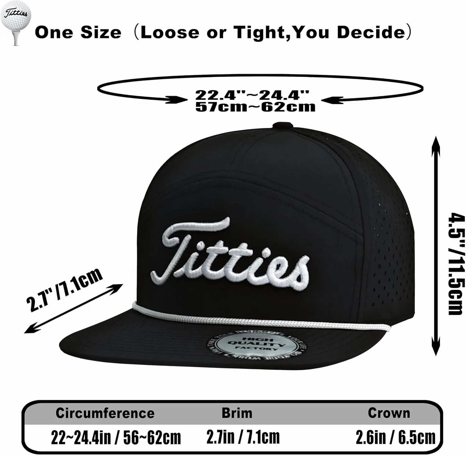 Tittiess Golf Hats Flat Bill for Men Women,Funny Titties Golf Gifts Baseball Cap for Adults Humor