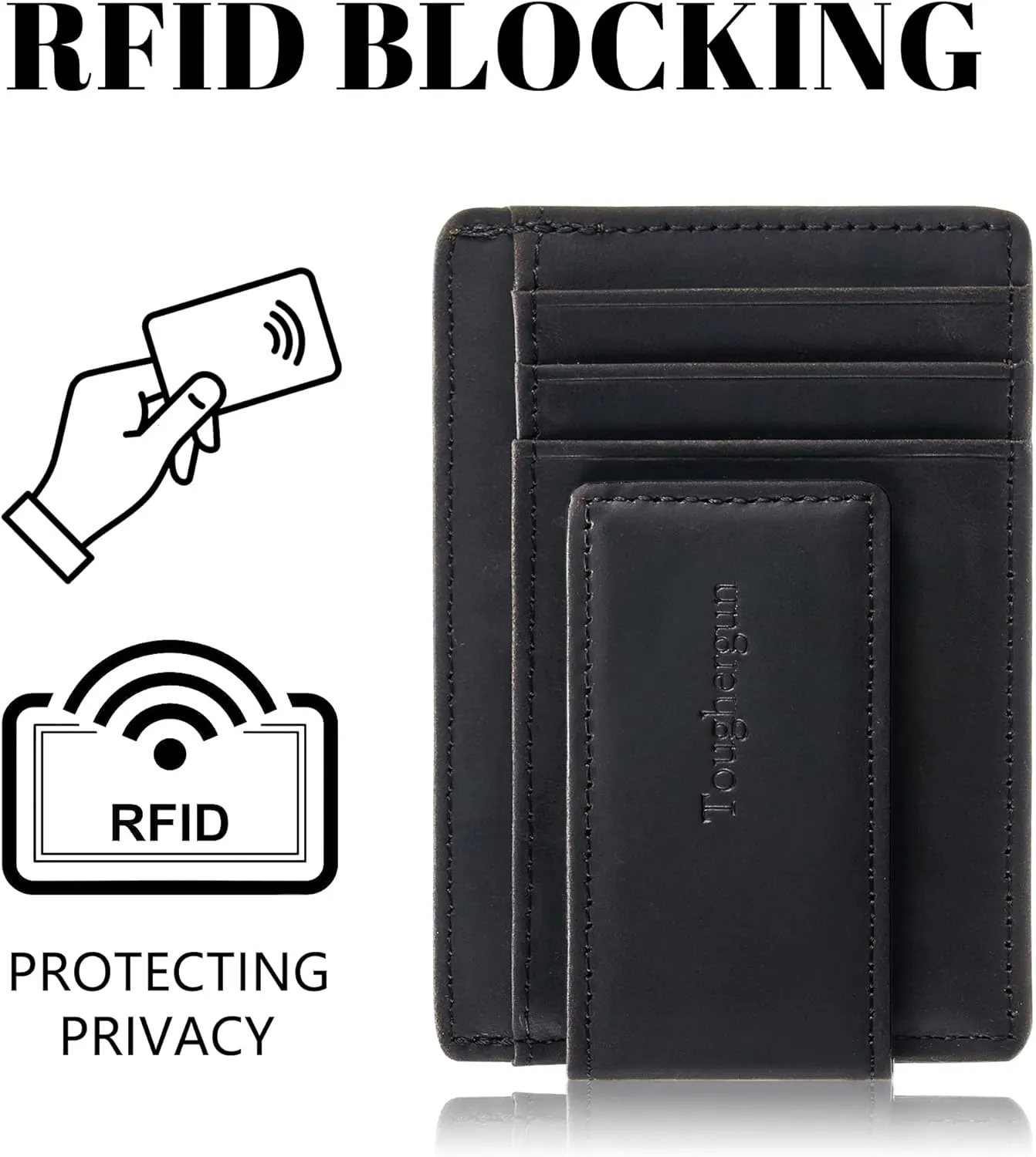 Toughergun Slim Minimalist Wallet for Men with Magnetic Money Clip Leather Wallet, Credit Card Holder RFID Blocking Front Pocket Holds Cash and Cards