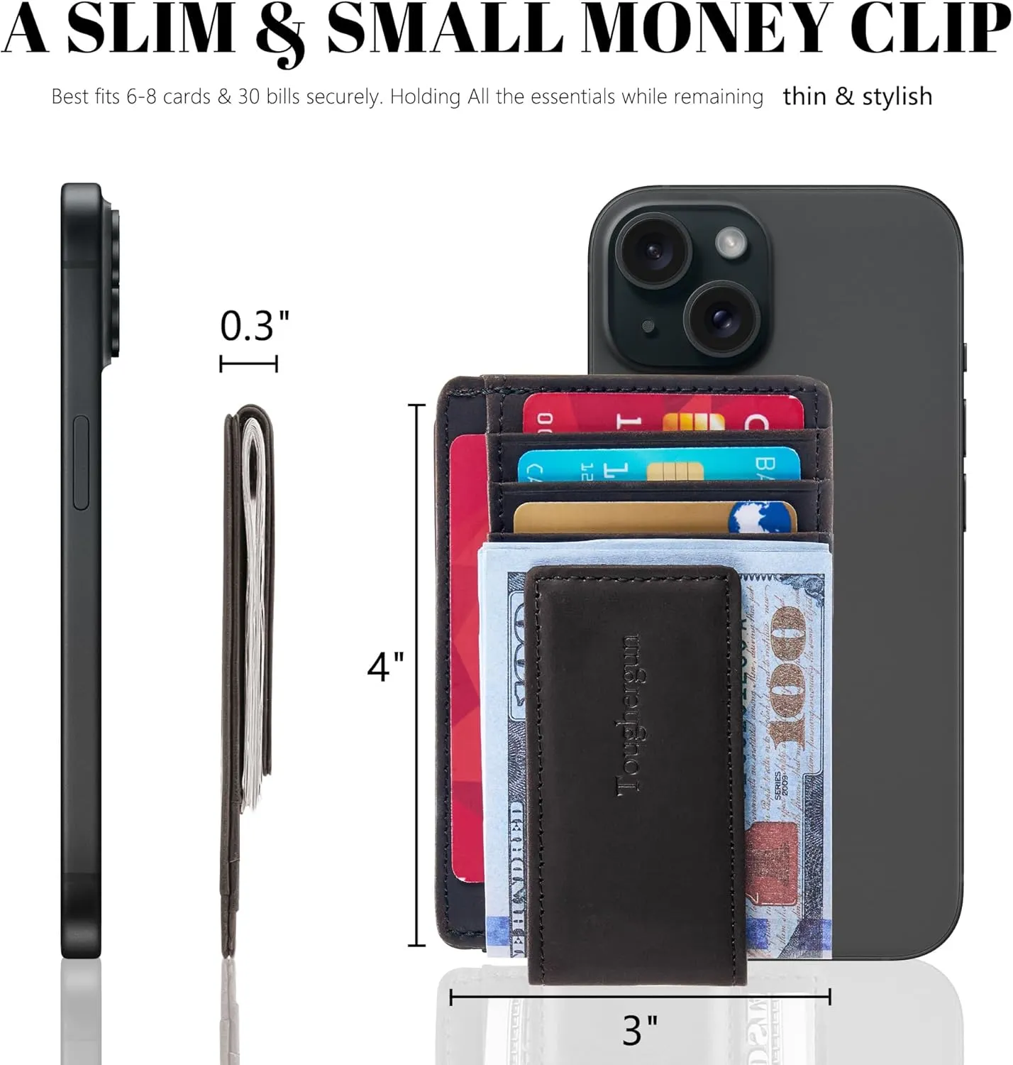 Toughergun Slim Minimalist Wallet for Men with Magnetic Money Clip Leather Wallet, Credit Card Holder RFID Blocking Front Pocket Holds Cash and Cards