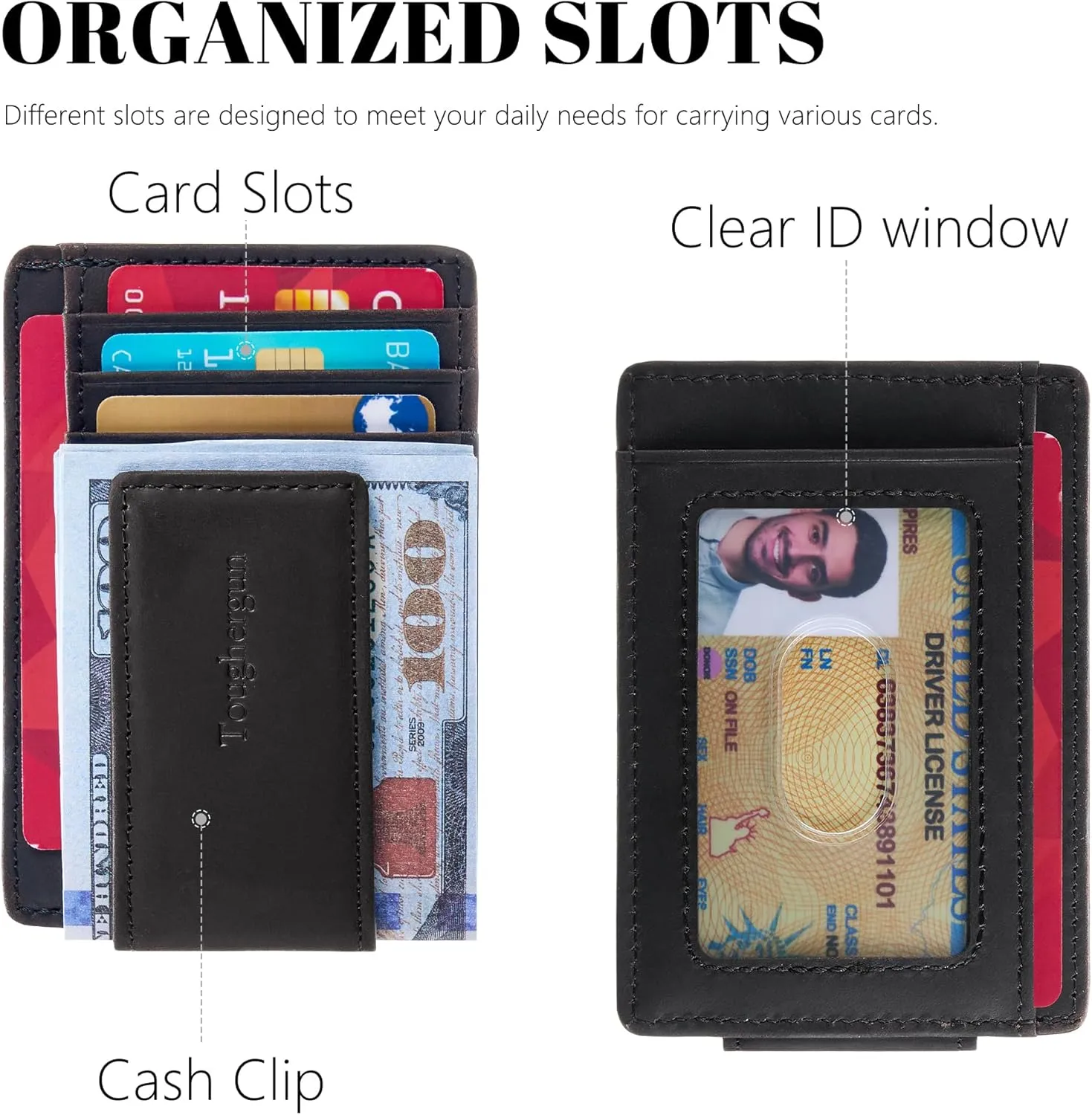 Toughergun Slim Minimalist Wallet for Men with Magnetic Money Clip Leather Wallet, Credit Card Holder RFID Blocking Front Pocket Holds Cash and Cards