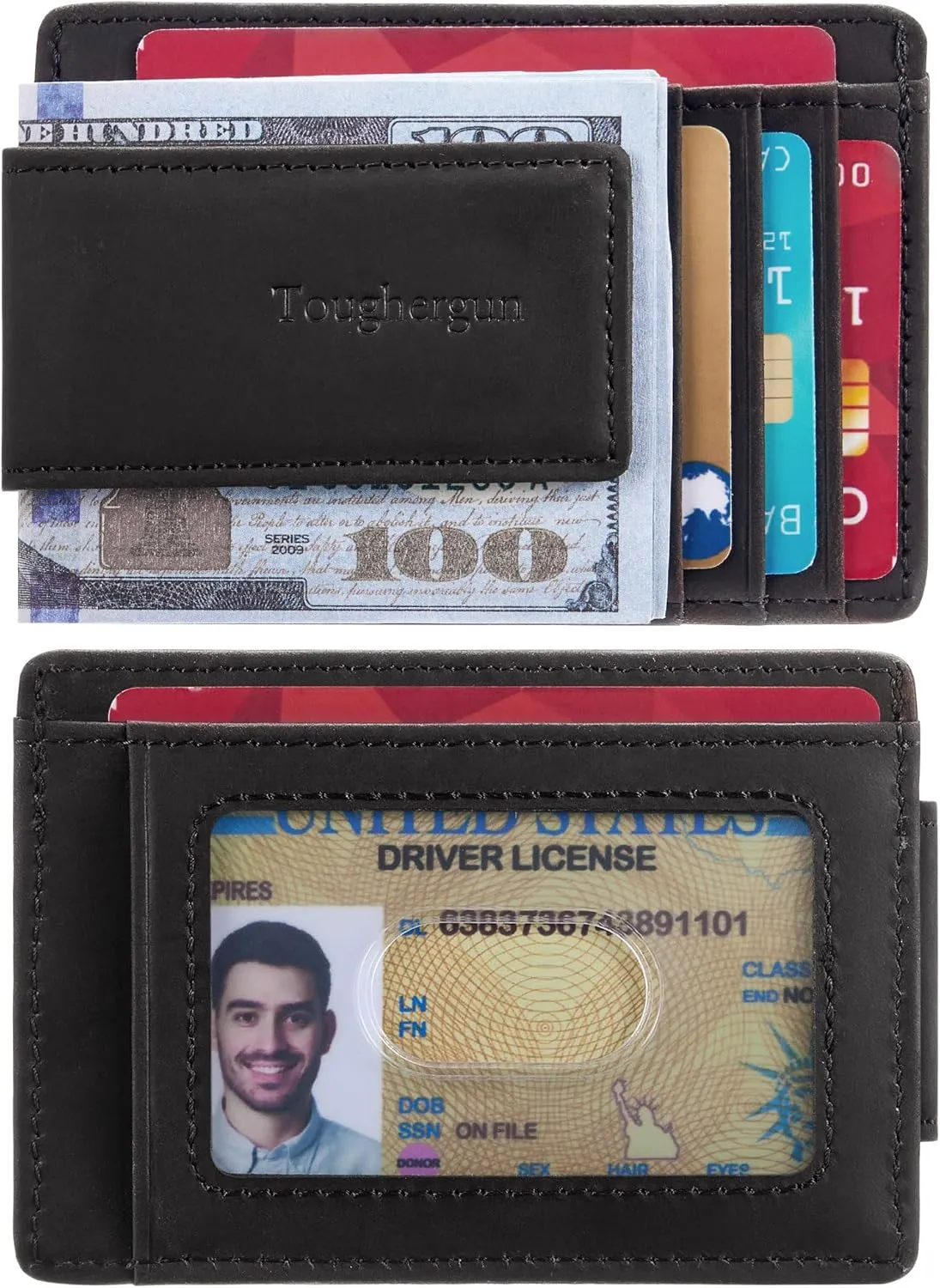 Toughergun Slim Minimalist Wallet for Men with Magnetic Money Clip Leather Wallet, Credit Card Holder RFID Blocking Front Pocket Holds Cash and Cards
