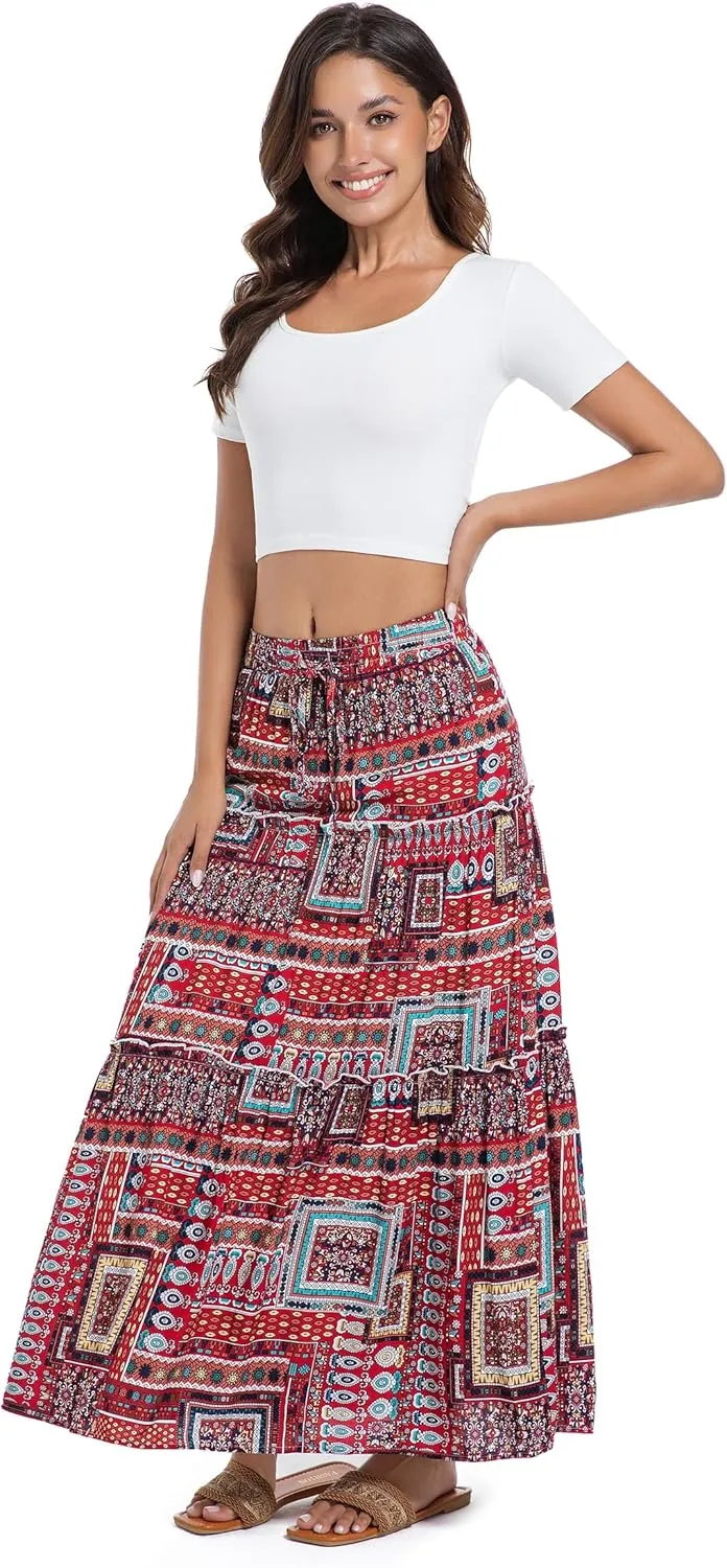 Tsher Women's Casual High Elastic Waist Ruffle Boho Pleated A-line Long Maxi Skirts 0333