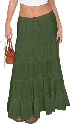Tsher Women's Casual High Elastic Waist Ruffle Boho Pleated A-line Long Maxi Skirts 0333