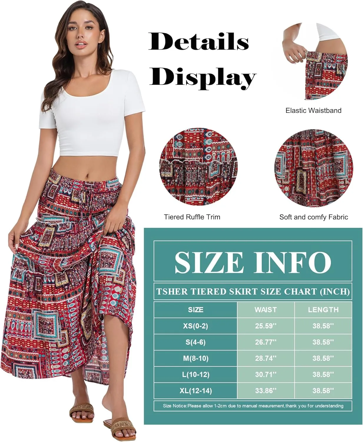 Tsher Women's Casual High Elastic Waist Ruffle Boho Pleated A-line Long Maxi Skirts 0333