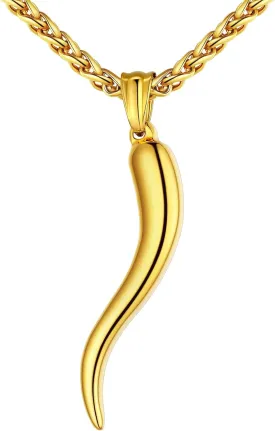 U7 Italian Horn Necklace for Men Women,Stainless Steel/Black/Gold Horn Necklace,Lucky Amulet Cornicello Pendant
