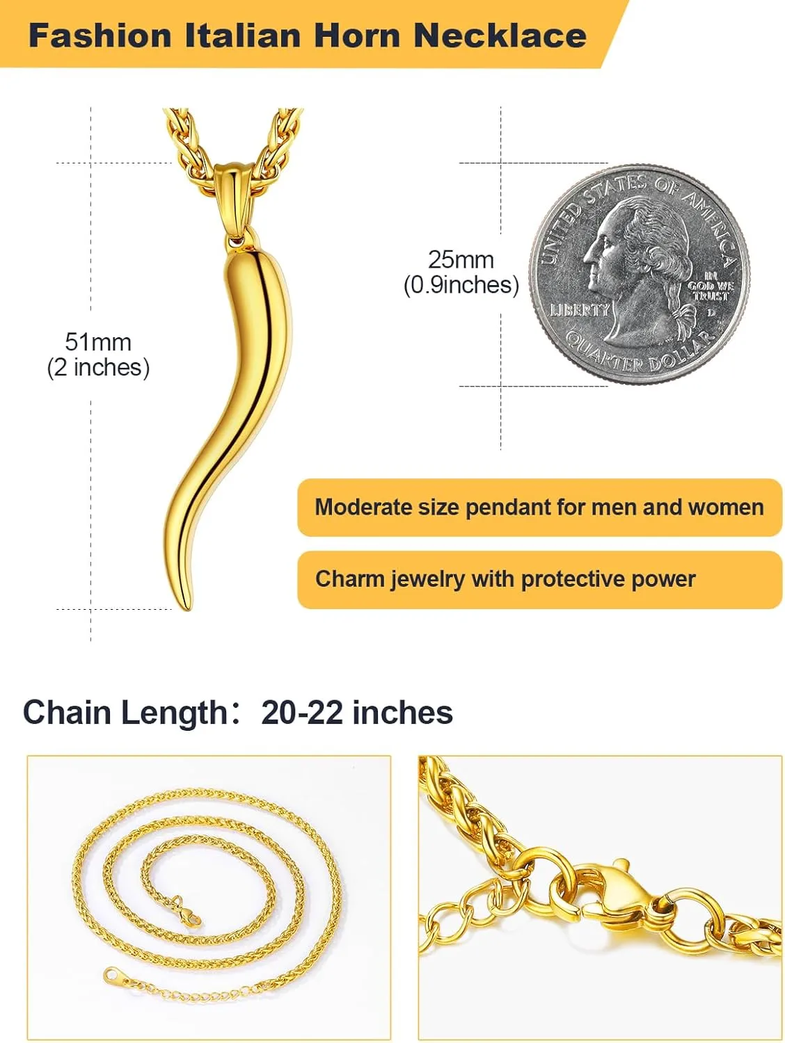 U7 Italian Horn Necklace for Men Women,Stainless Steel/Black/Gold Horn Necklace,Lucky Amulet Cornicello Pendant