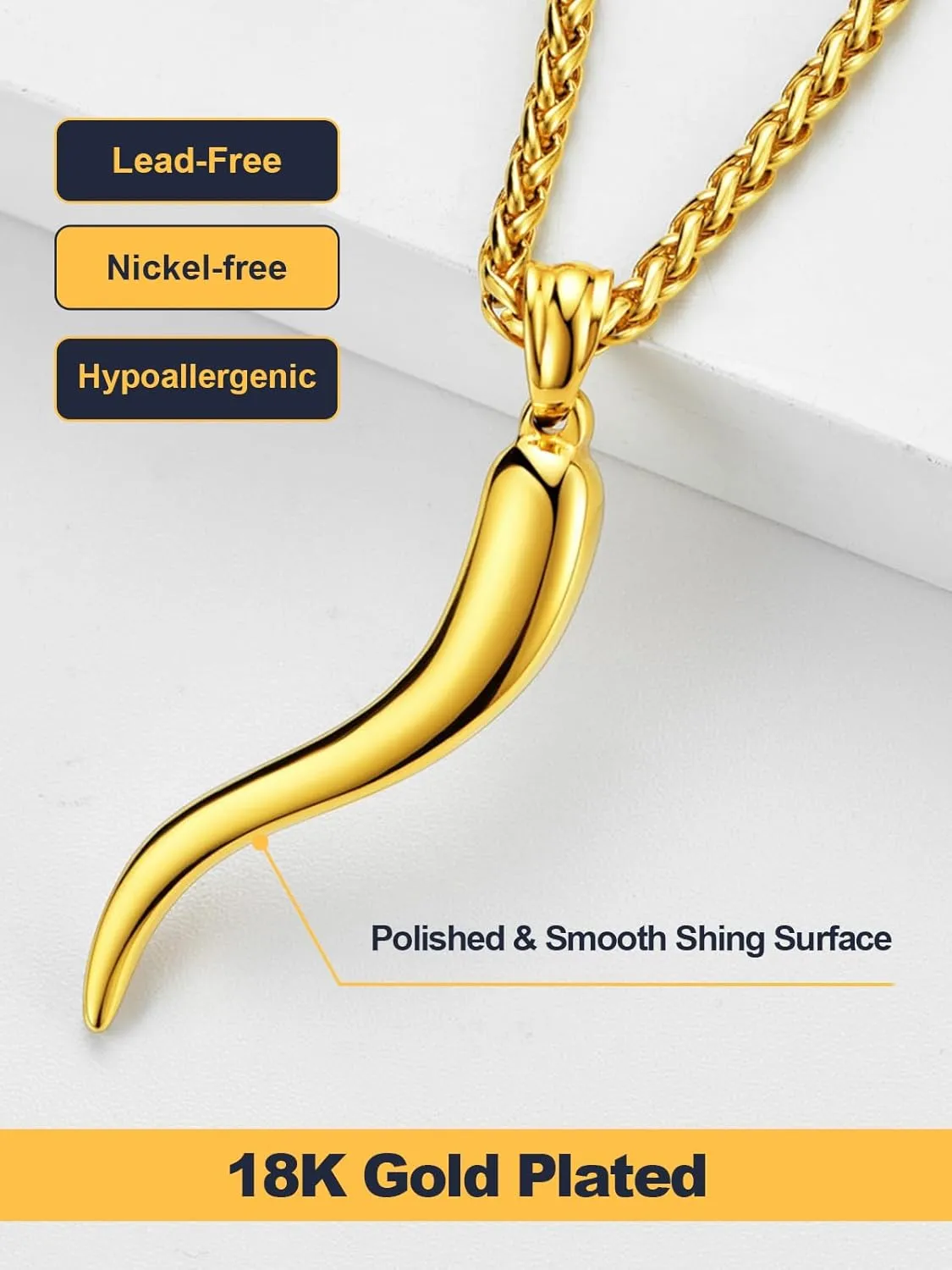 U7 Italian Horn Necklace for Men Women,Stainless Steel/Black/Gold Horn Necklace,Lucky Amulet Cornicello Pendant