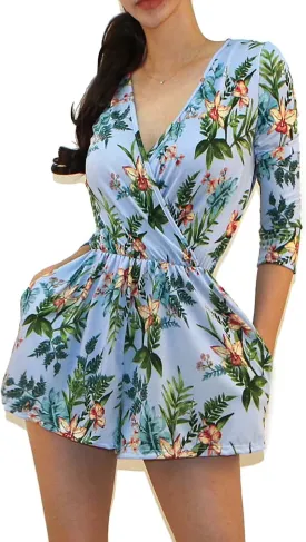 Vivicastle Women's USA Printed V-Neck 3/4 Sleeve Faux Wrap Waist Tie Romper Jumpsuit