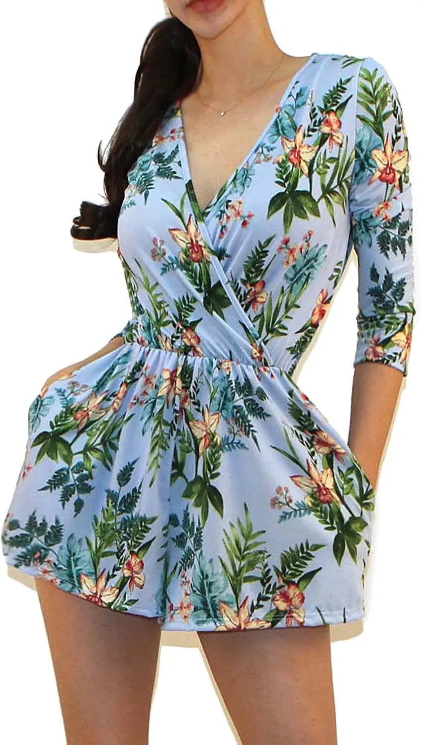Vivicastle Women's USA Printed V-Neck 3/4 Sleeve Faux Wrap Waist Tie Romper Jumpsuit