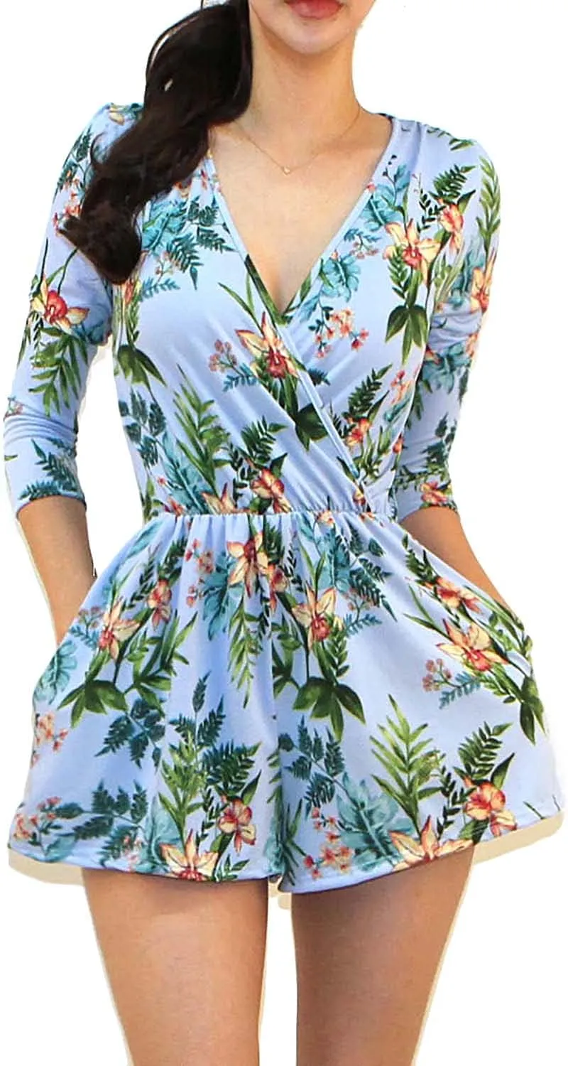 Vivicastle Women's USA Printed V-Neck 3/4 Sleeve Faux Wrap Waist Tie Romper Jumpsuit