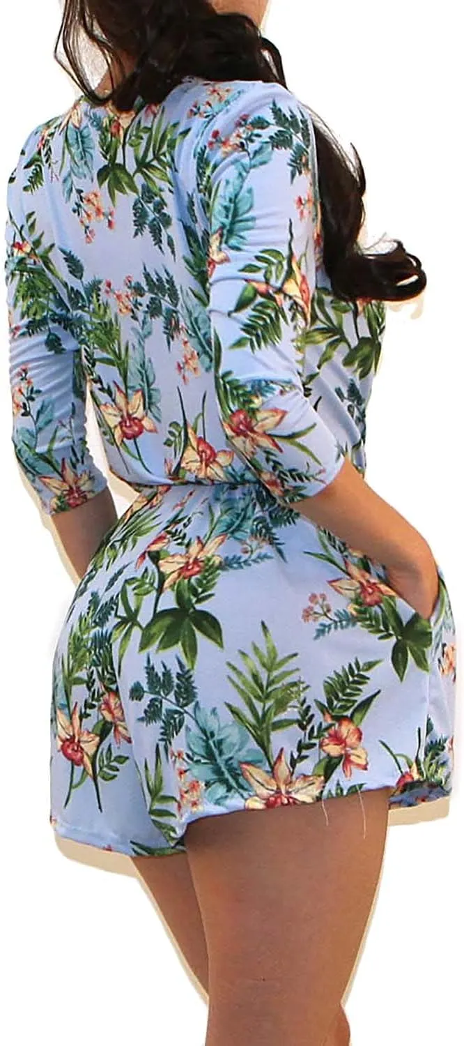 Vivicastle Women's USA Printed V-Neck 3/4 Sleeve Faux Wrap Waist Tie Romper Jumpsuit