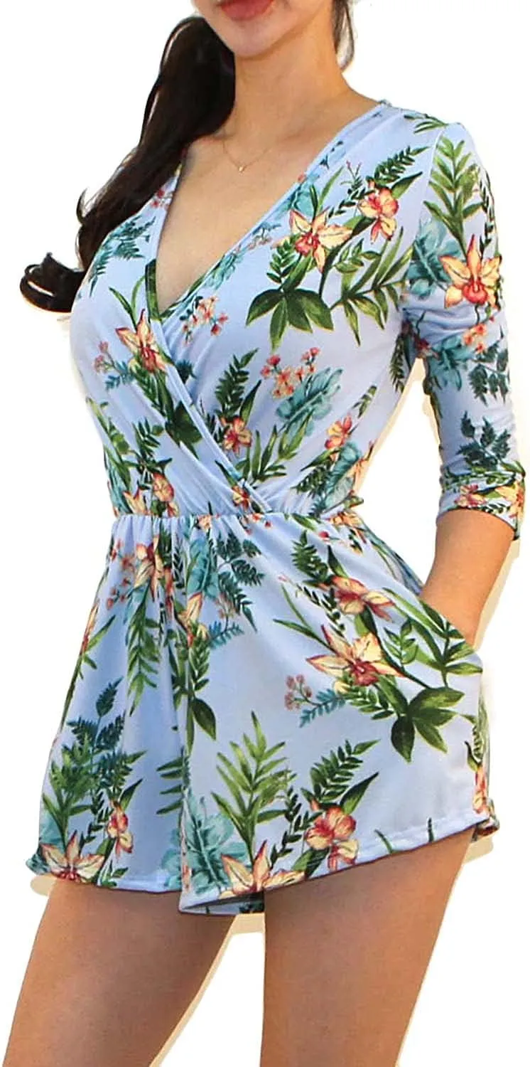 Vivicastle Women's USA Printed V-Neck 3/4 Sleeve Faux Wrap Waist Tie Romper Jumpsuit