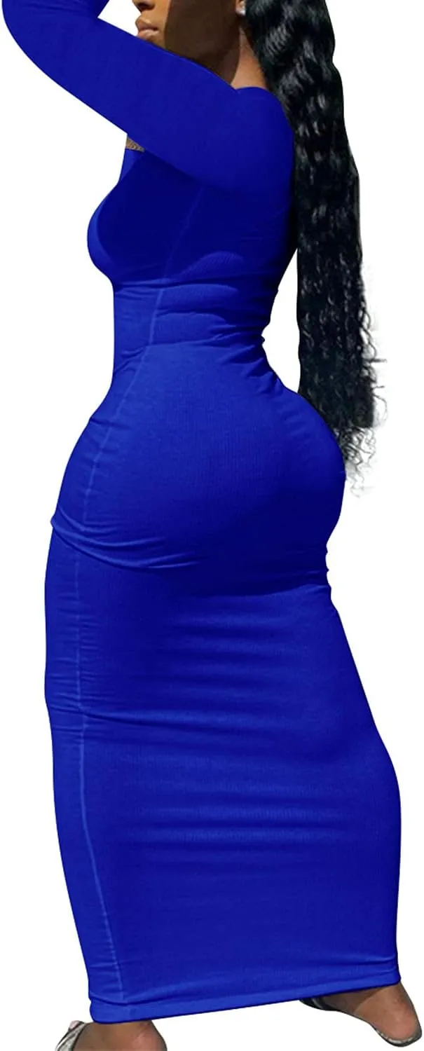 Women Bodycon Maxi Tank Dress, Sexy Deep U Neck Ribbed Solid Color Party Wrap Long Dresses