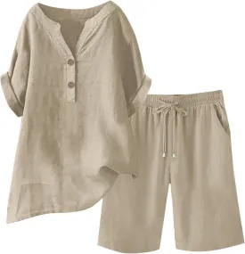 Womens 2 Piece Outfits Two Piece Lounge Set Short Sleeve Tunic Top and Drawstring Shorts Casual Summer Loungewear