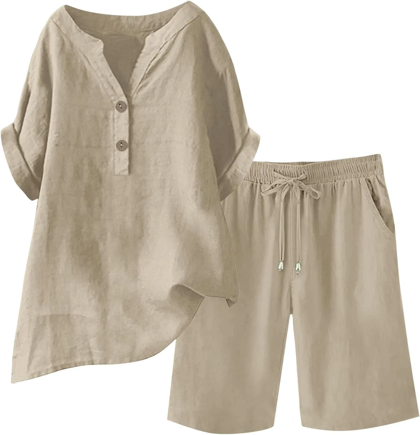 Womens 2 Piece Outfits Two Piece Lounge Set Short Sleeve Tunic Top and Drawstring Shorts Casual Summer Loungewear
