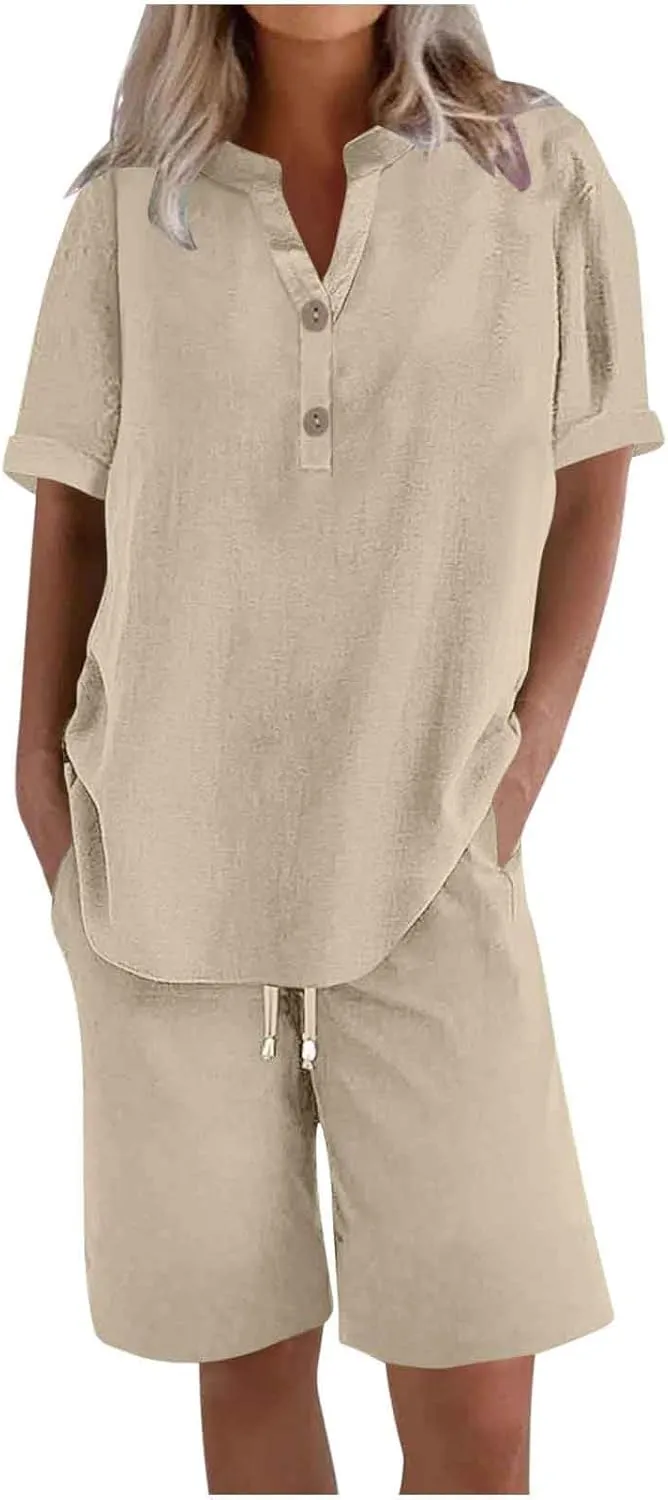 Womens 2 Piece Outfits Two Piece Lounge Set Short Sleeve Tunic Top and Drawstring Shorts Casual Summer Loungewear