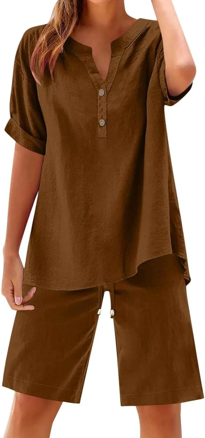 Womens 2 Piece Outfits Two Piece Lounge Set Short Sleeve Tunic Top and Drawstring Shorts Casual Summer Loungewear