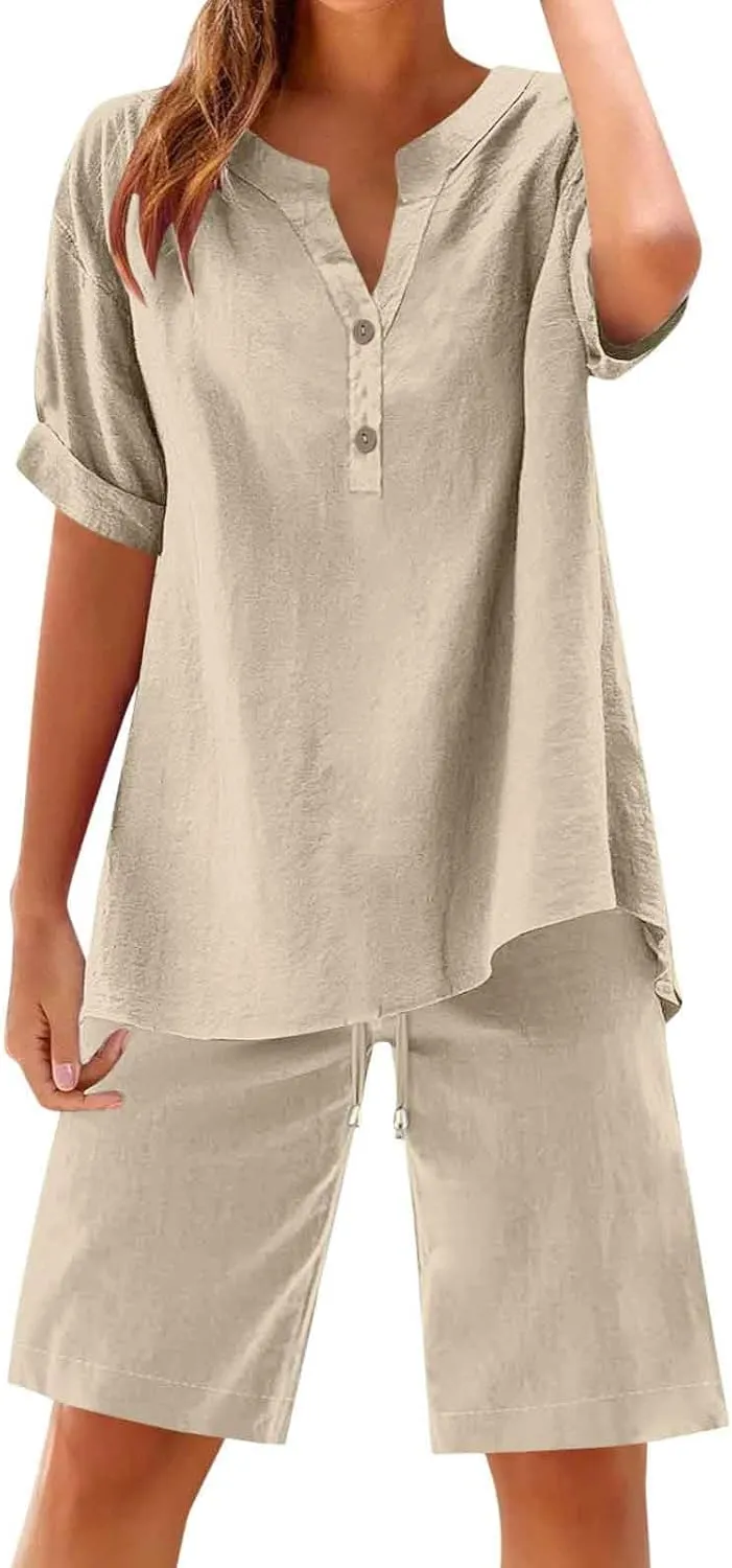 Womens 2 Piece Outfits Two Piece Lounge Set Short Sleeve Tunic Top and Drawstring Shorts Casual Summer Loungewear