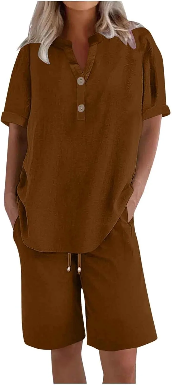 Womens 2 Piece Outfits Two Piece Lounge Set Short Sleeve Tunic Top and Drawstring Shorts Casual Summer Loungewear