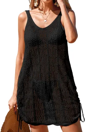 Womens Crochet Knit Beach Dresses Summer 2025 Backless V Neck Double Drawstring Bathing Suit Cover Up Mini Dress