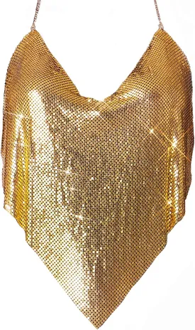 Womens Sexy Sparkly Chain Top Metallic Sequin Rhinestone Halter Backless Crop Outfit Party Club Tank Shirt(Sliver/Gold)