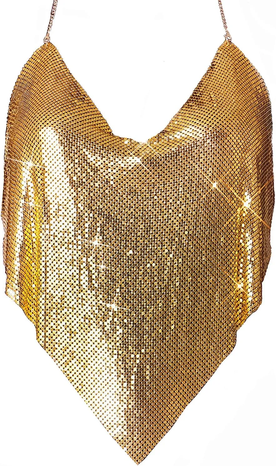 Womens Sexy Sparkly Chain Top Metallic Sequin Rhinestone Halter Backless Crop Outfit Party Club Tank Shirt(Sliver/Gold)