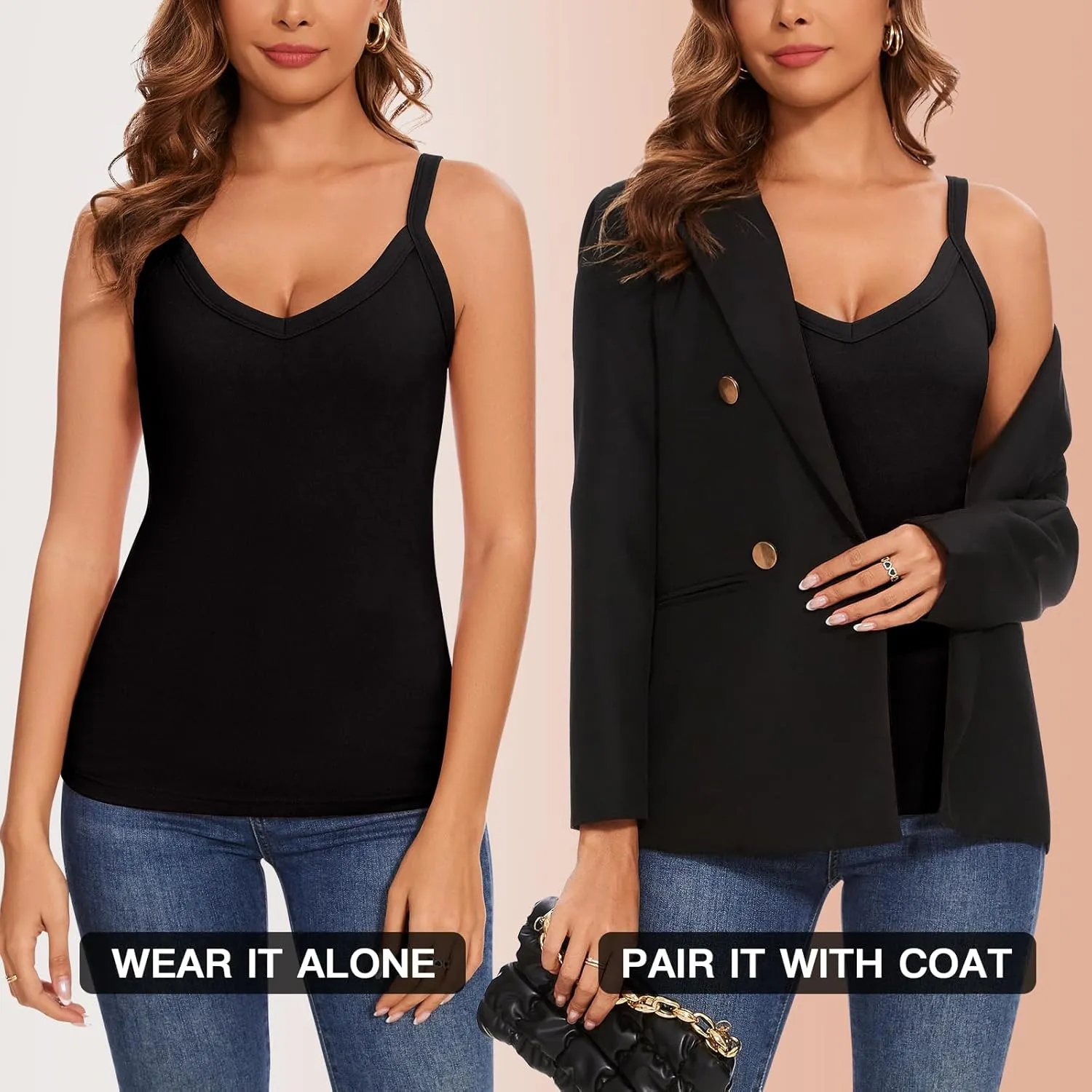WOWENY Thermal Fleece Tank Top for Women V Neck Sleeveless Shirts Camisole Warm Base Layer Cami Vest Underwear Tops