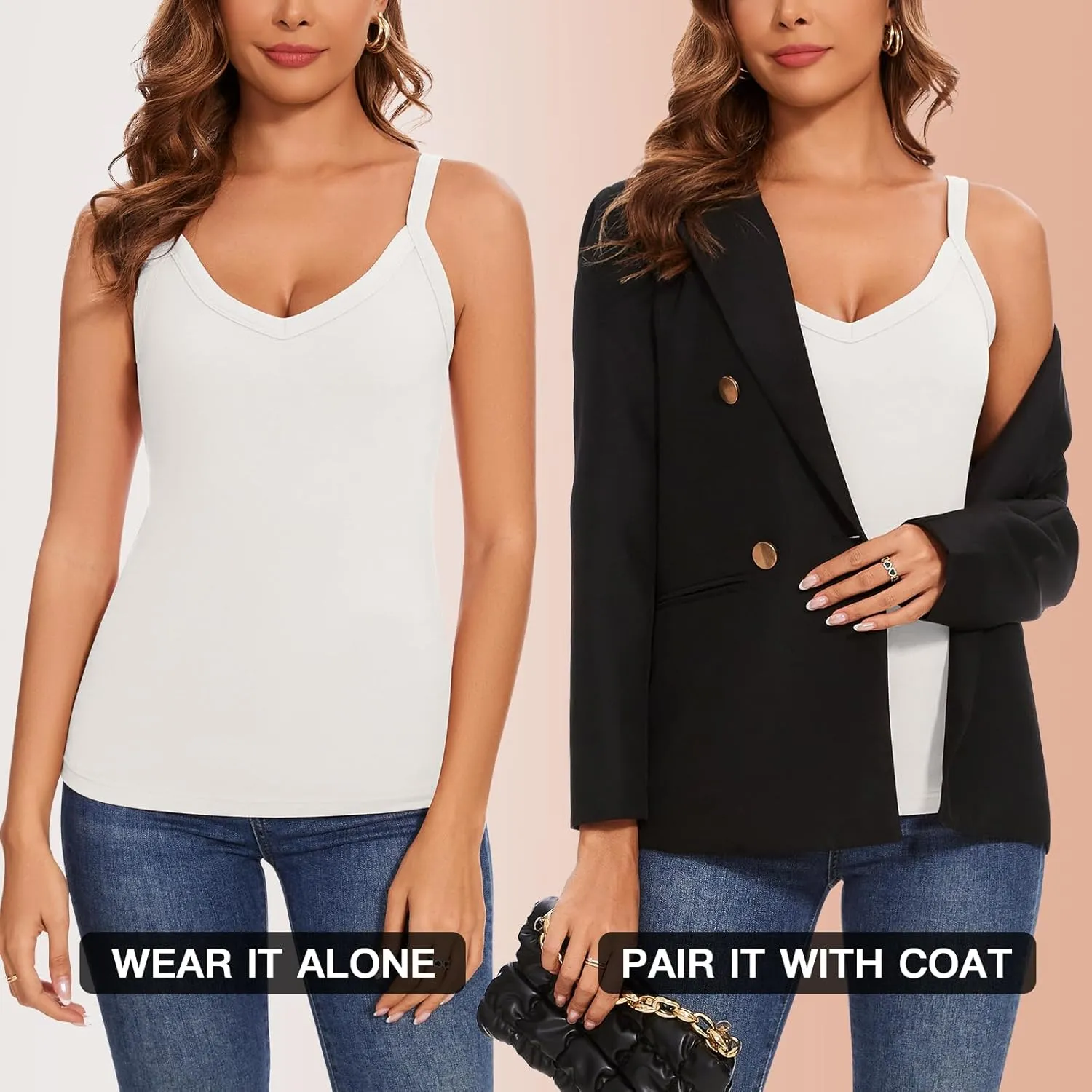WOWENY Thermal Fleece Tank Top for Women V Neck Sleeveless Shirts Camisole Warm Base Layer Cami Vest Underwear Tops