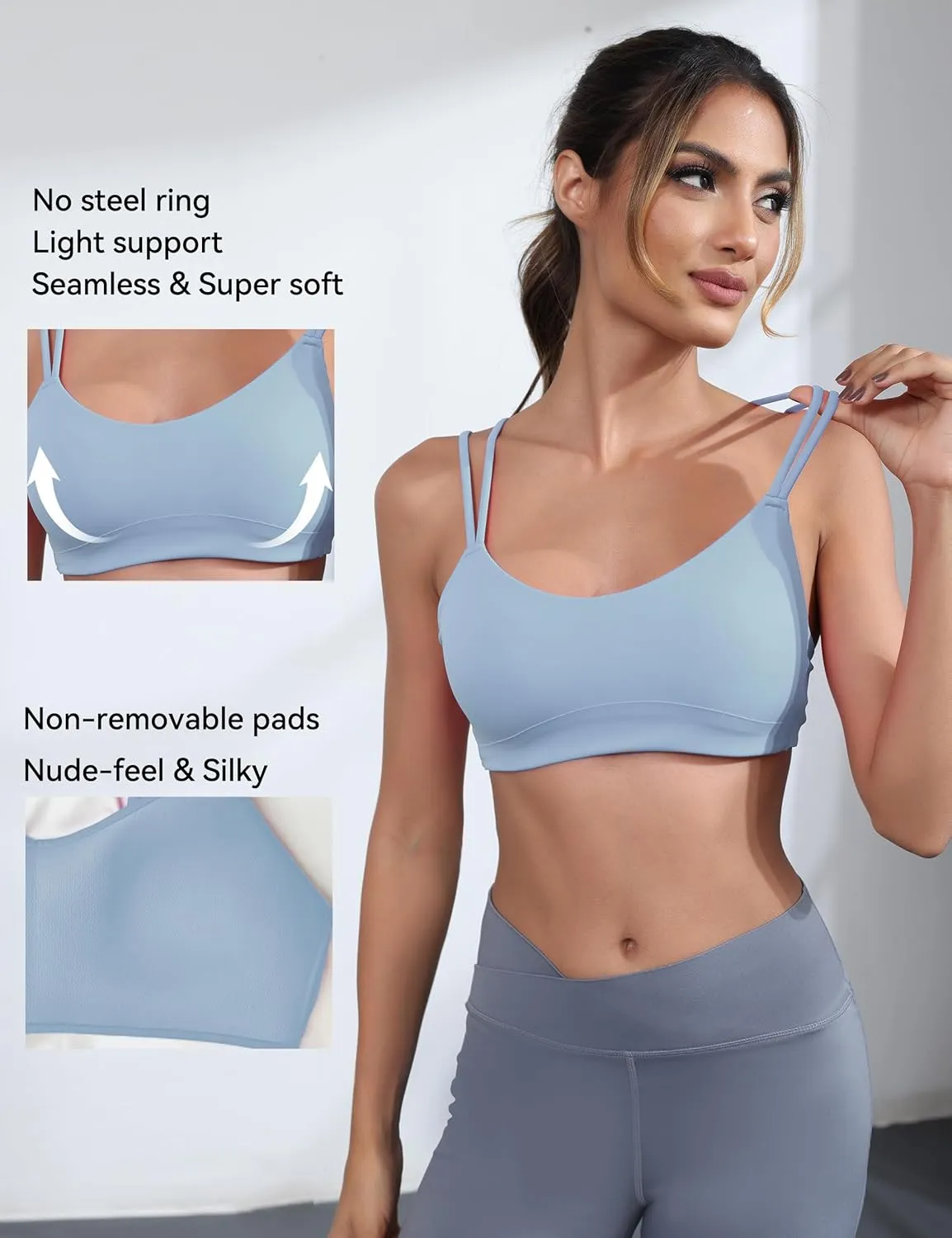 Yoga Sports Workout Bras for Women Seamless Molded Cup Spaghetti Double Strap Bra Wirefree Scoop Neck Tank Top Bras