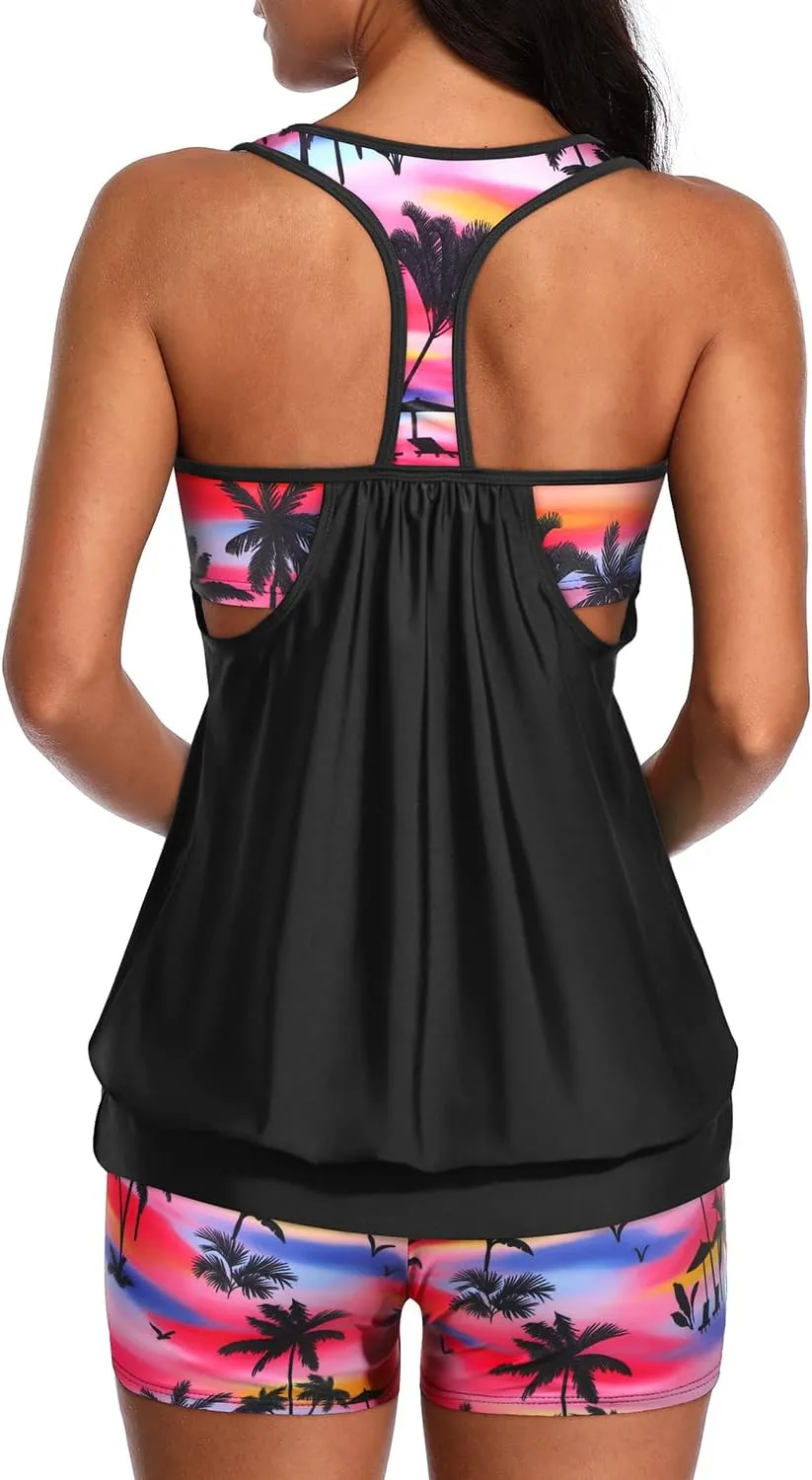 Yonique Two Piece Tankini Bathing Suits T-Back Blouson Swim Tops with Boy Shorts Women Swimsuits Sporty Swimwear